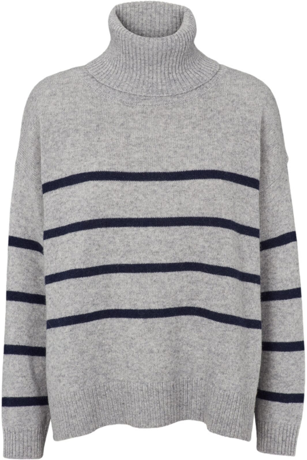 Basic Apparel - Lise Striped T-neck - 718 Light Grey Mel. / Sky Captain Strikbluser 