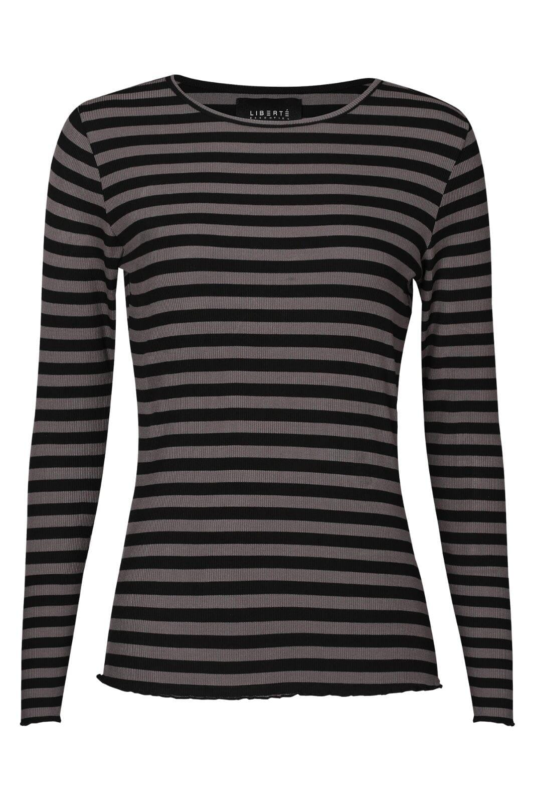 Forudbestilling - Liberte - Natalia Ls Round Neck Blouse - Black Dark Grey Stripe Bluser 