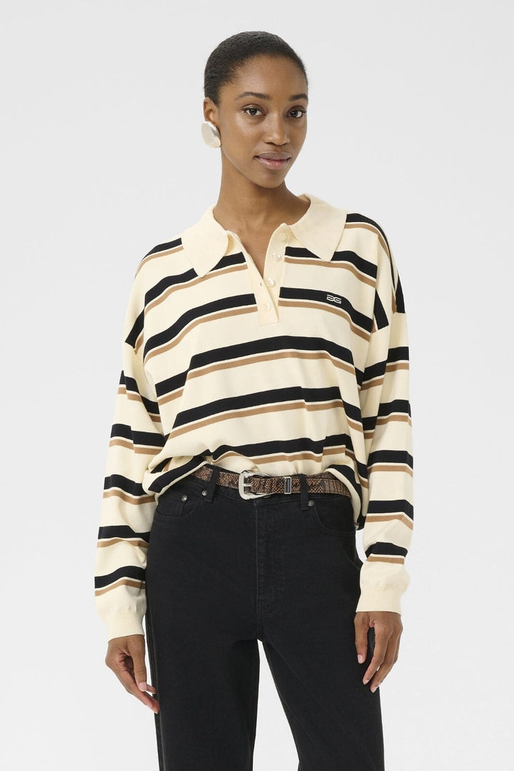 Gestuz - Gztaia Polo Pullover 10910693 - 108561 - Off White/Black/Tan Striped