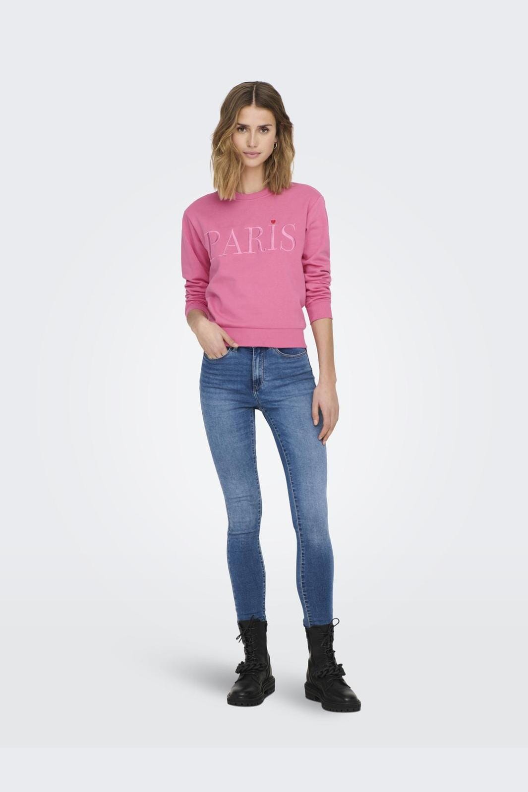 Jdy - Jdyparis L/S Emb Sweat - 4211091 Shocking Pink Paris Heart Embroidery