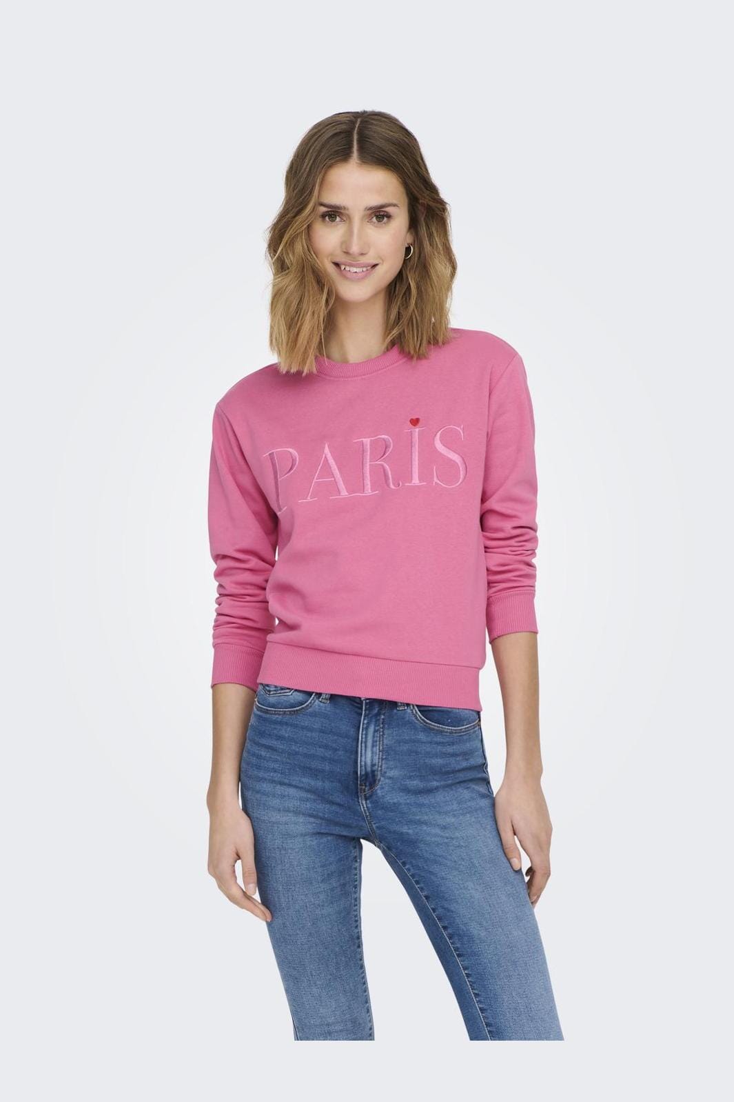 Jdy - Jdyparis L/S Emb Sweat - 4211091 Shocking Pink Paris Heart Embroidery