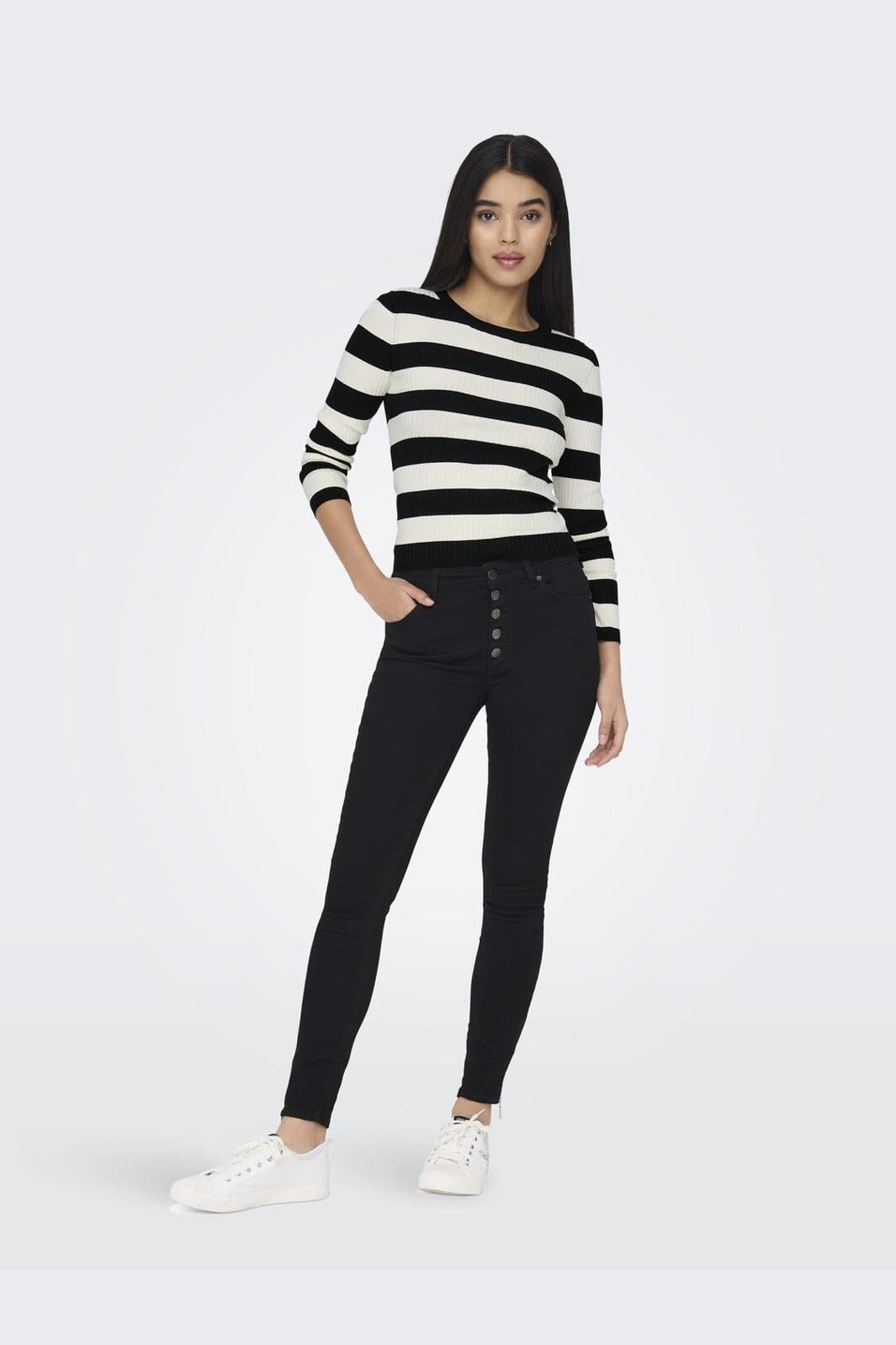 Jdy - Jdyplum L/S O-Neck Pullover Knt - 4149549 Black W Eggnog Stripes