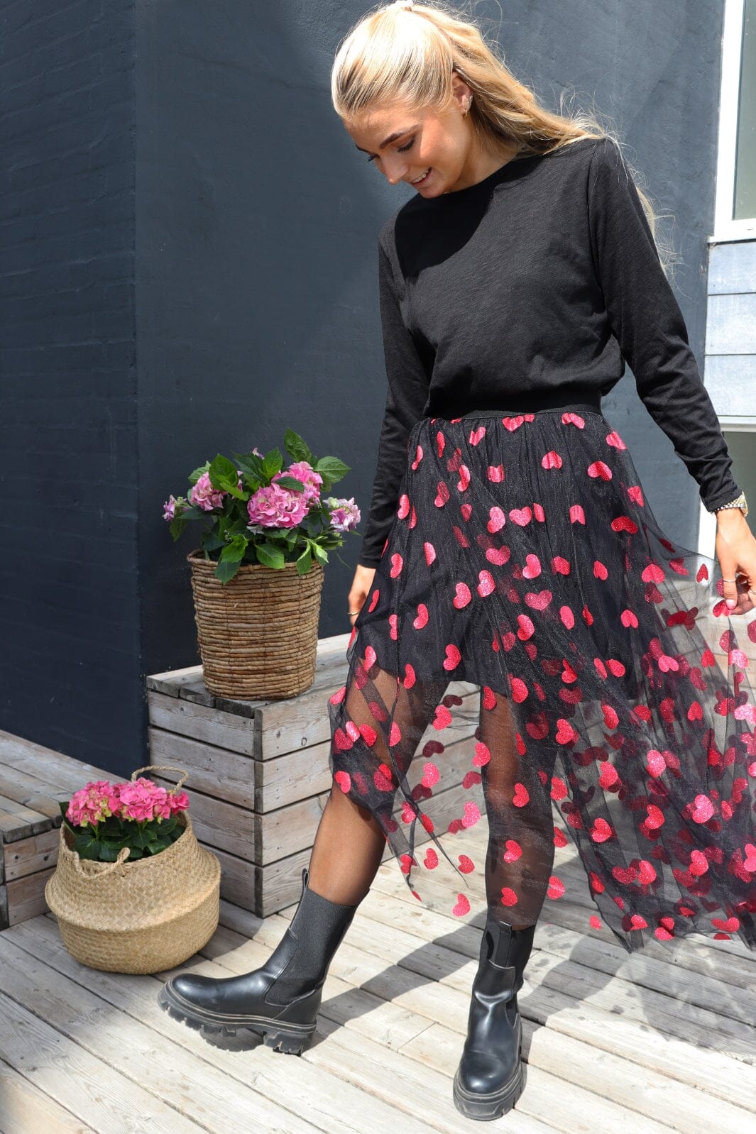 Liberte - Tulle-Heart-Skirt - Black Pink Heart Nederdele 