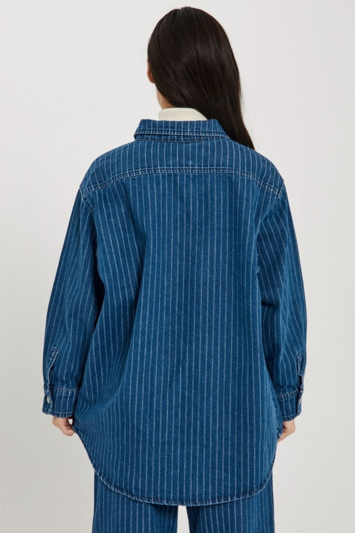 Norr - Kenzie Oversized Denim Shirt - Clear Blue W. Stripes Skjorter 