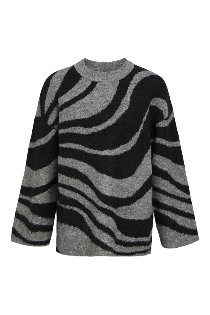 Object - Objdiana Lo L/S Knit Pullover - 4558594 Medium Grey Melange Zebra Black