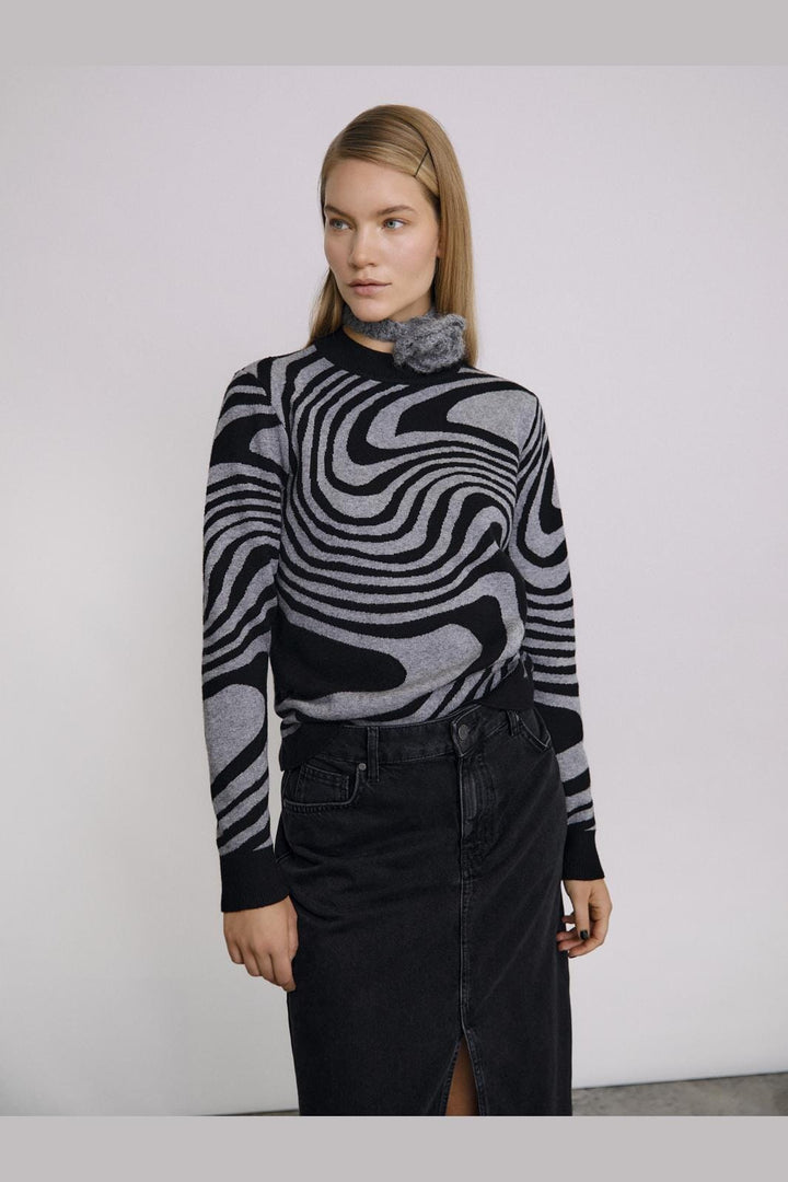 Object - Objray L/S Knit Pullover - 4536063 Black Medium Grey Melange Zebra