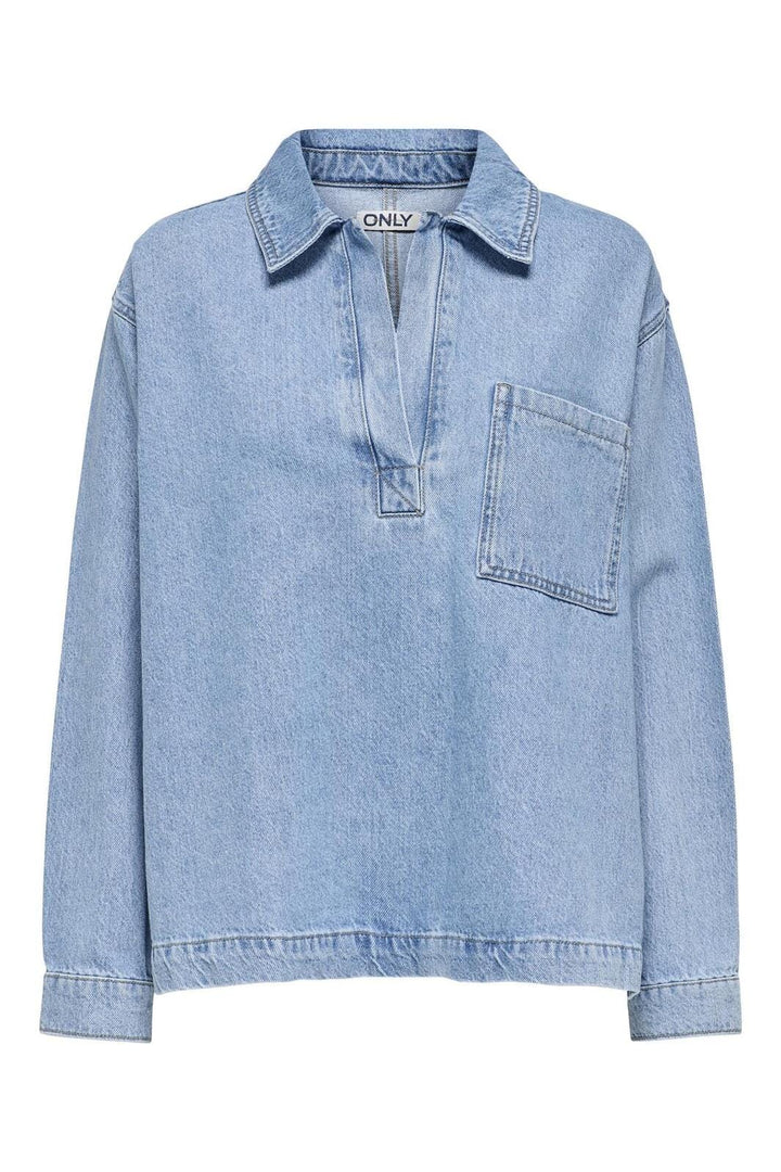 Only - Onlbirdie L/S Polo Denim Shirt Azg - 4740243 Light Blue Denim