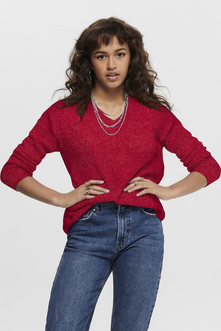 Only - Onlcamilla V-Neck L/S Pullover Knt - 4546514 True Red Melange