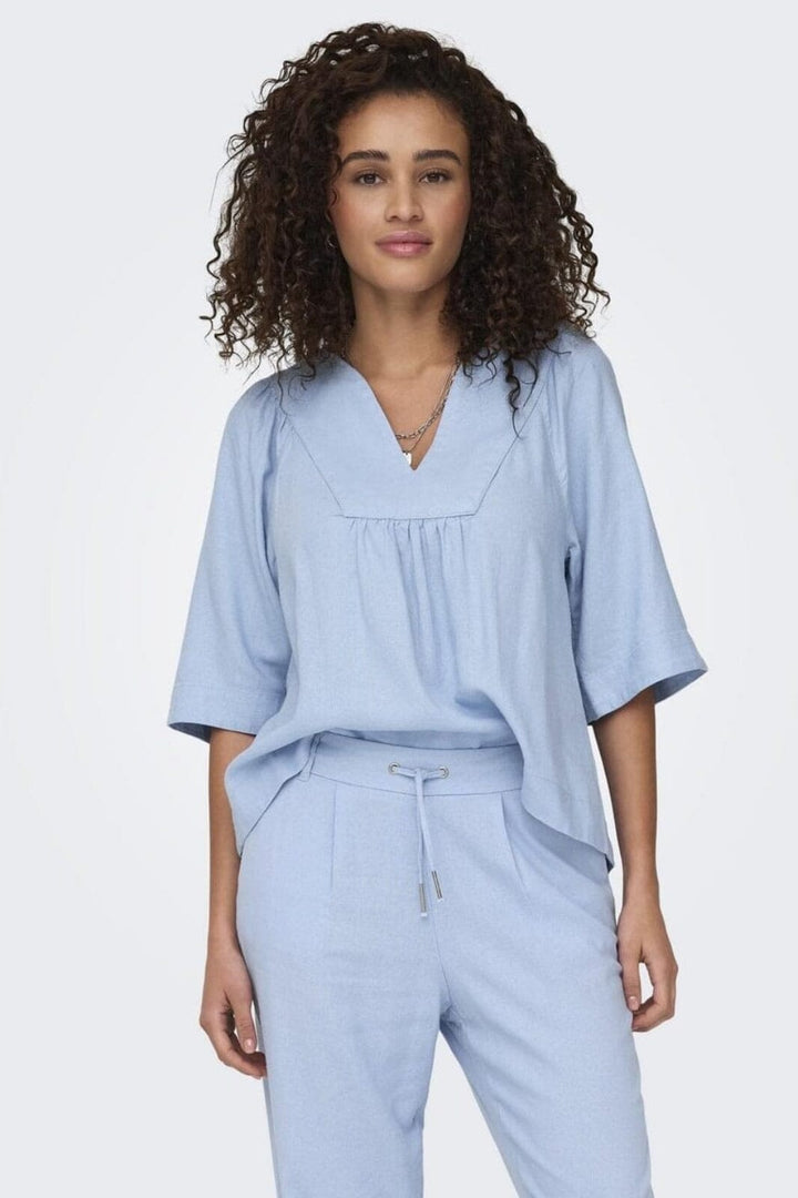 Only - Onlcaro 2/4 V-Neck Linen Bl Top Cc - 4726719 Cashmere Blue