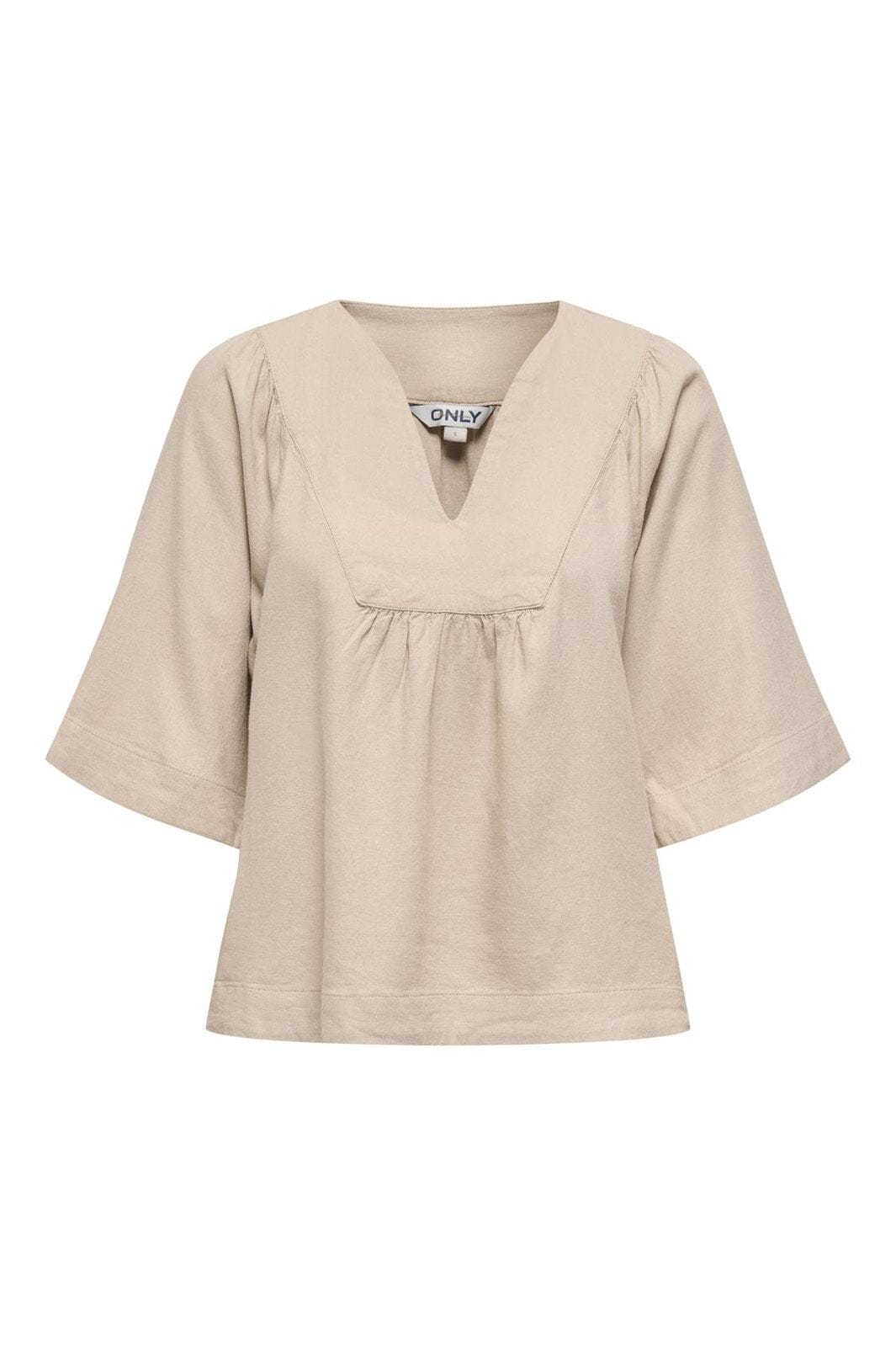 Only - Onlcaro 2/4 V-Neck Linen Bl Top Cc - 4726721 Oxford Tan