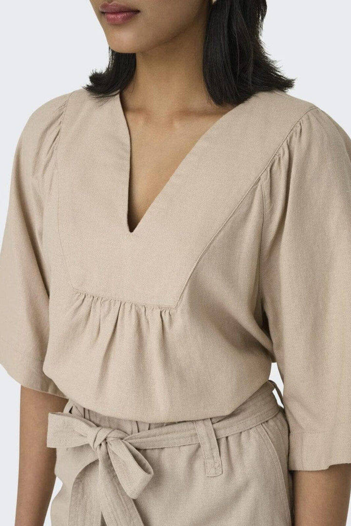 Only - Onlcaro 2/4 V-Neck Linen Bl Top Cc - 4726721 Oxford Tan