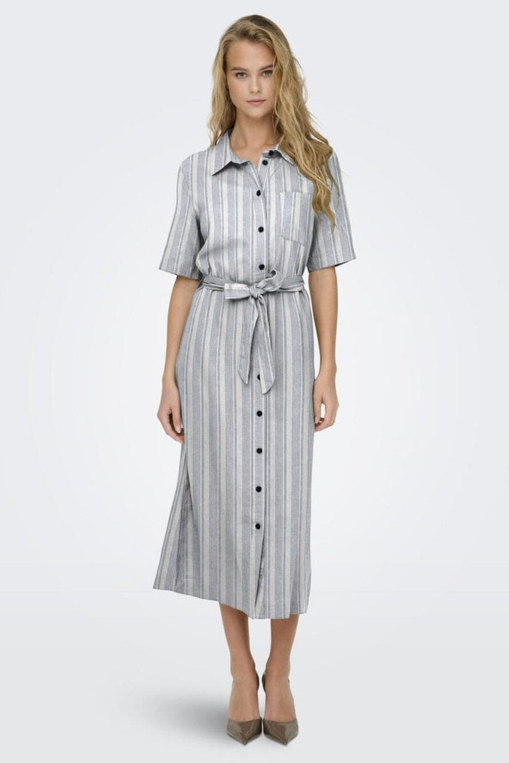 Only - Onlcaro S/S Linen Bl Belt Dress Cc - 4652253 Coronet Blue Bright White