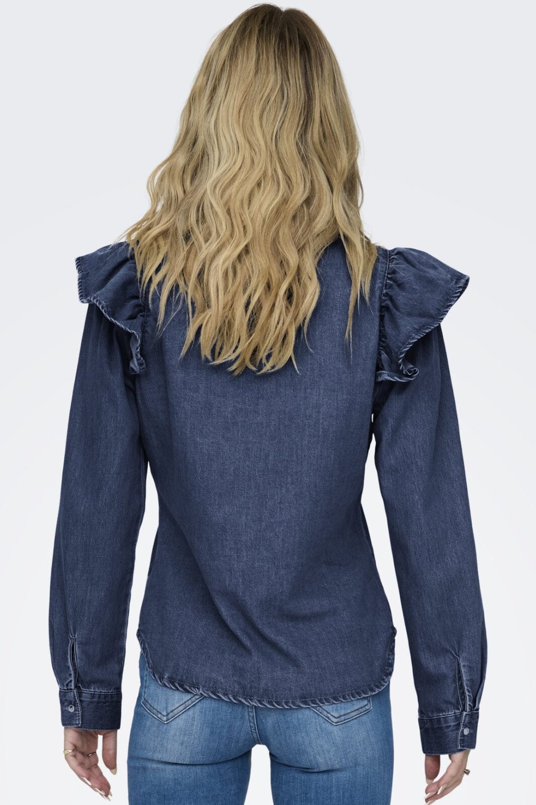 Only - Onlindigo Ls Frill Shirt Qyt - 4287142 Dark Blue Denim Skjorter 