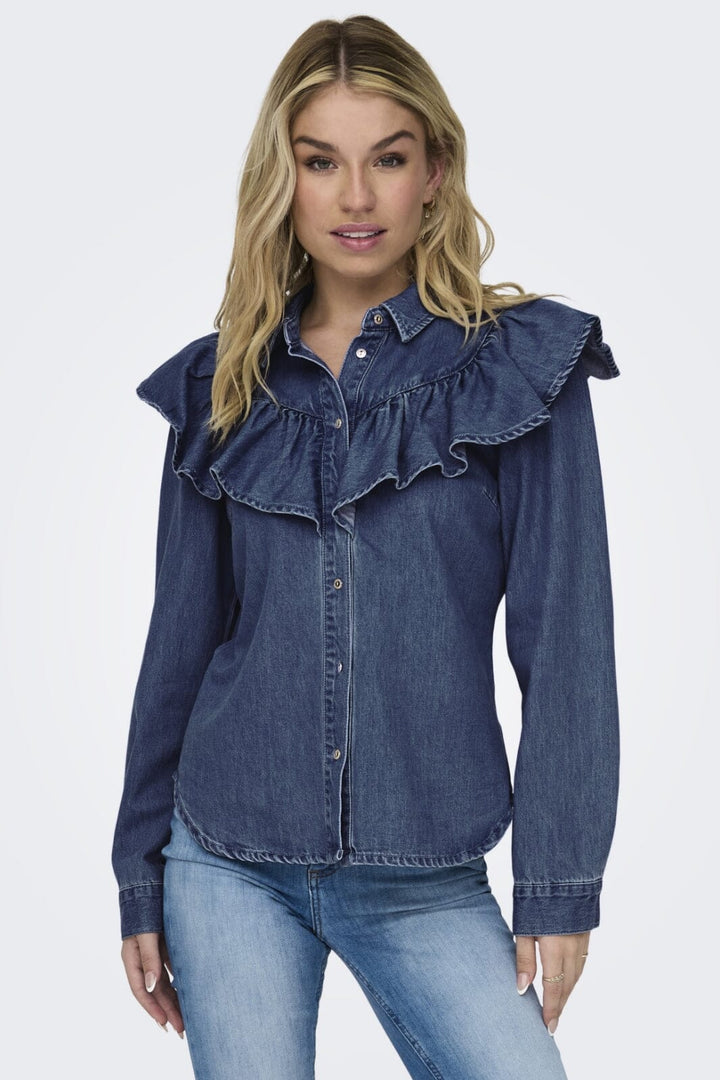 Only - Onlindigo Ls Frill Shirt Qyt - 4287142 Dark Blue Denim Skjorter 