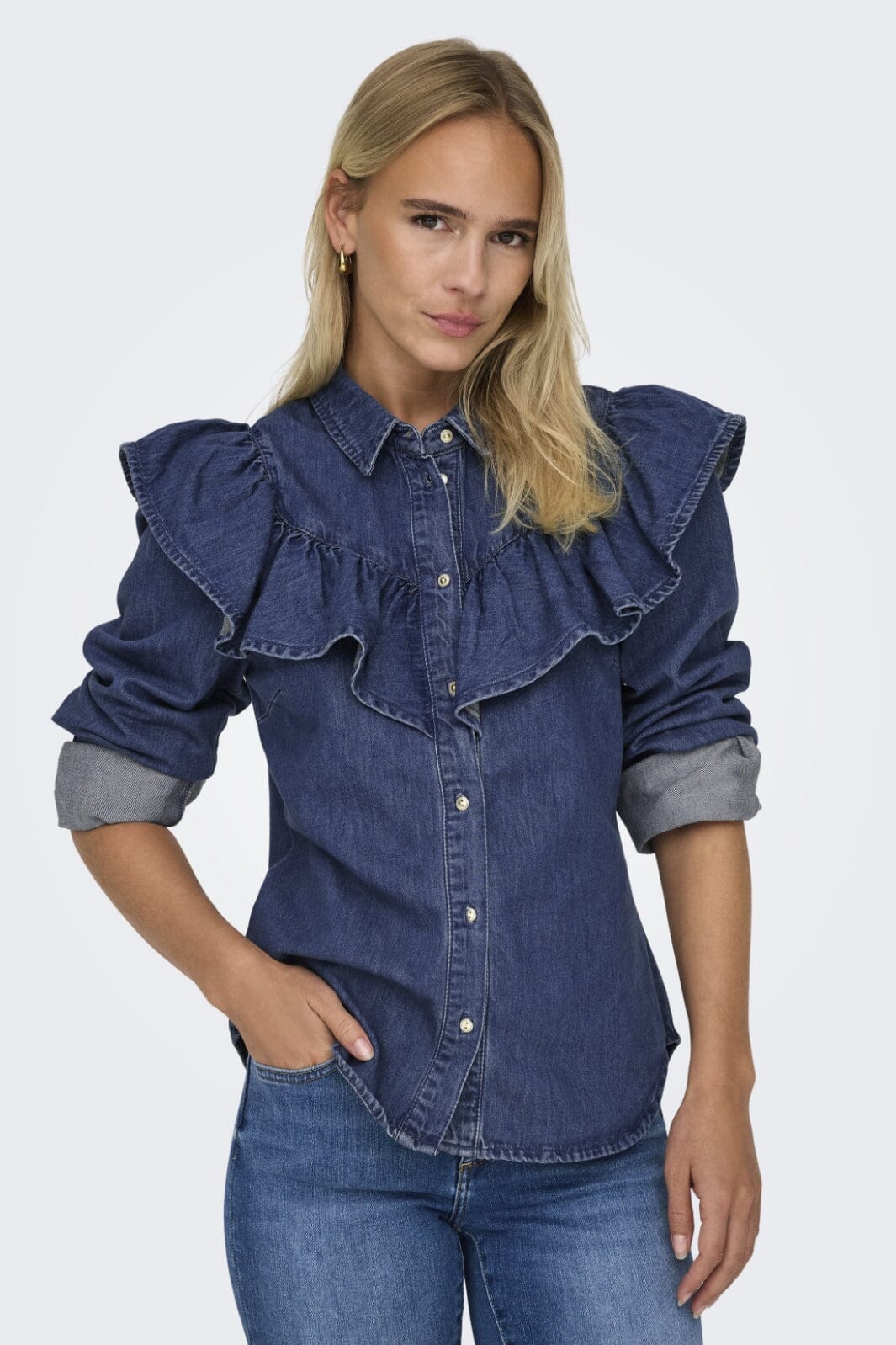 Only - Onlindigo Ls Frill Shirt Qyt - 4287142 Dark Blue Denim Skjorter 