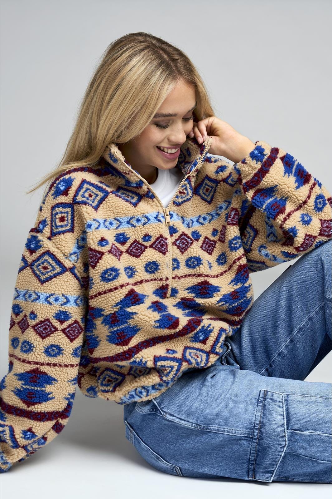 Only - Onljanne Aztec Teddy L/S Halfzip Cc Swt - 4531018 Marzipan Colored Aztec