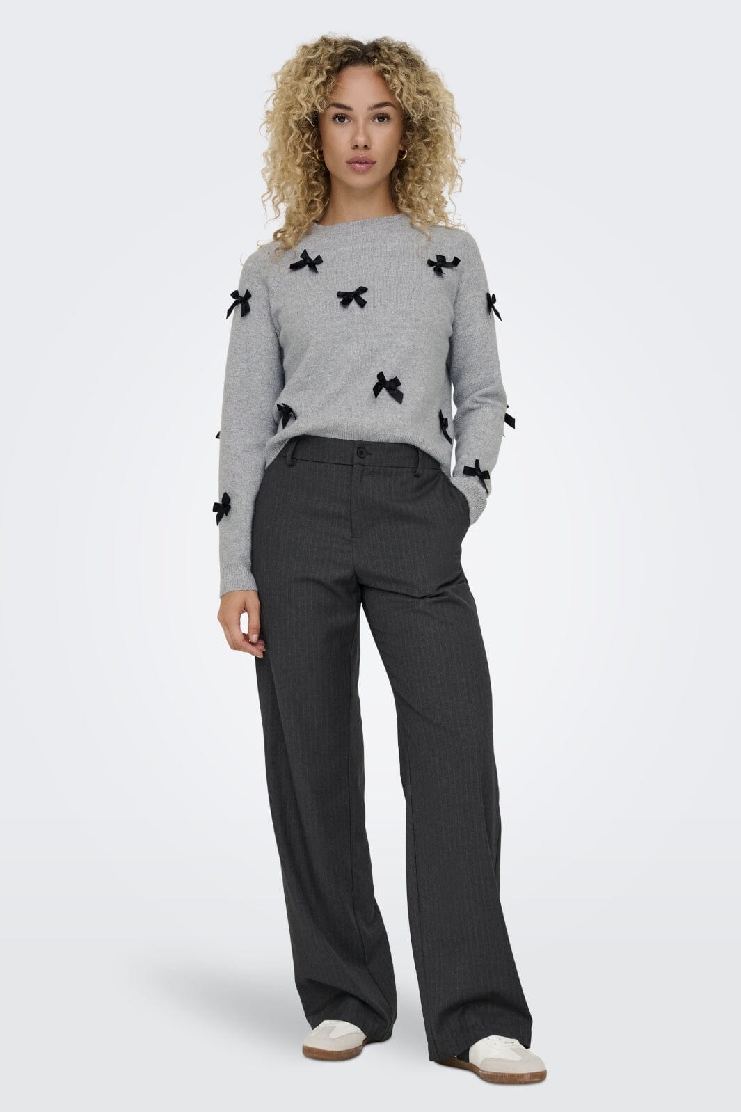 Only - Onlnoelle Life Ls Bow Pullover Knt - 4726981 Light Grey Melange W. Black Bows Strikbluser 