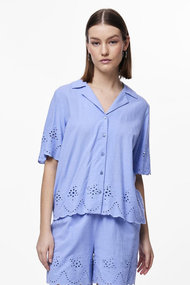 Pieces - Pcalmina Ss Embroidery Shirt - 4486677 Hydrangea Skjorter 