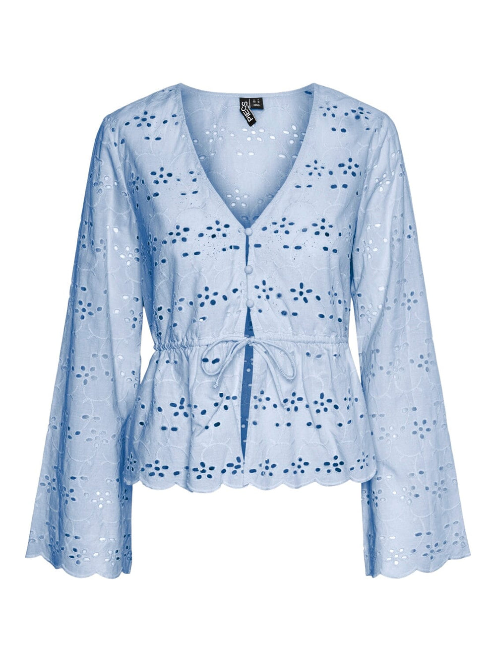 Pieces - Pcarmorine Ls Embroderi Tie Top - 4551465 Blue Bell Bluser 