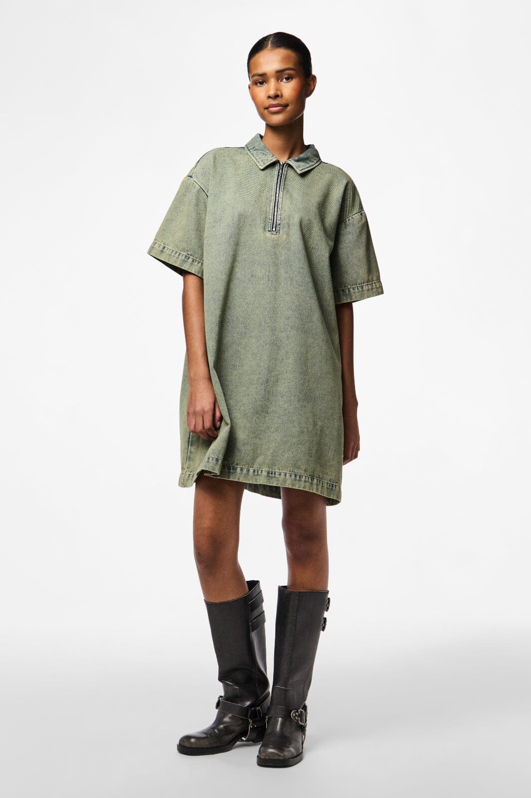 Pieces - Pcdria 3/4 Short Zip Denim Dress - 4823296 Deep Lichen Green Washed