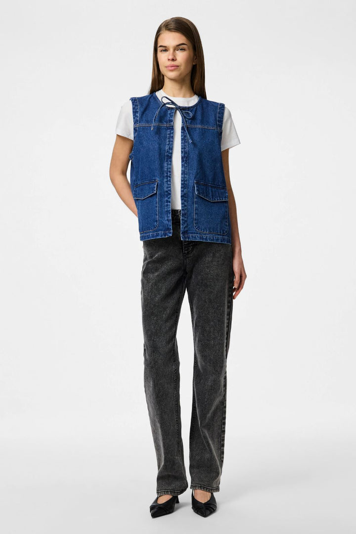 Pieces - Pcfenna Sl O-Neck Tie Denim Vest Fsy - 4860474 Dark Blue Denim