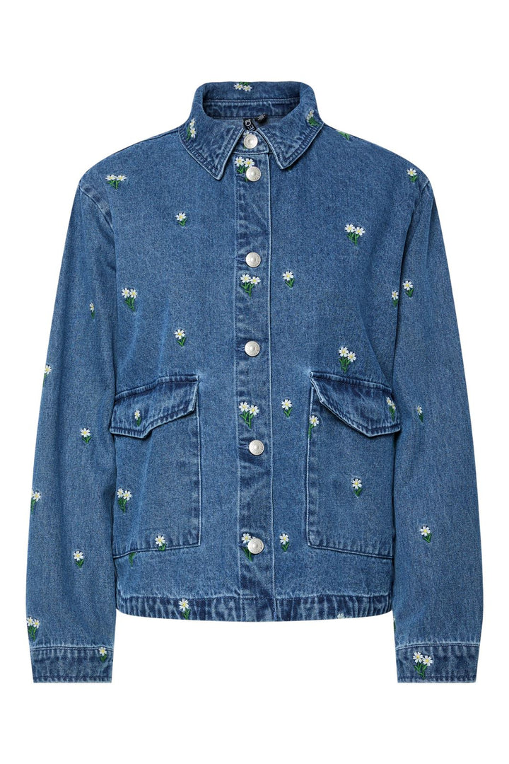 Forudbestilling - Pieces - Pcfreia Ls Denim Shirt Fsy - 4863499 Medium Blue Denim Flowers