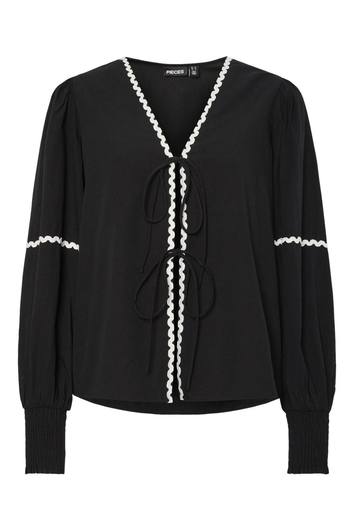 Pieces - Pcnervia Ls Tie Top - 4824652 Black Bright White