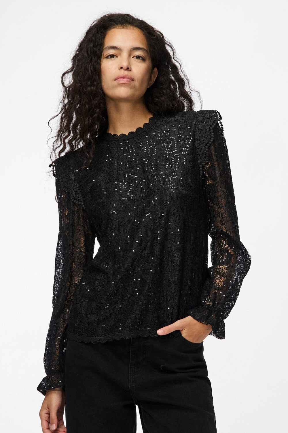 Pieces - Pcolline Ls Lace Sequins Top - 4567444 Black