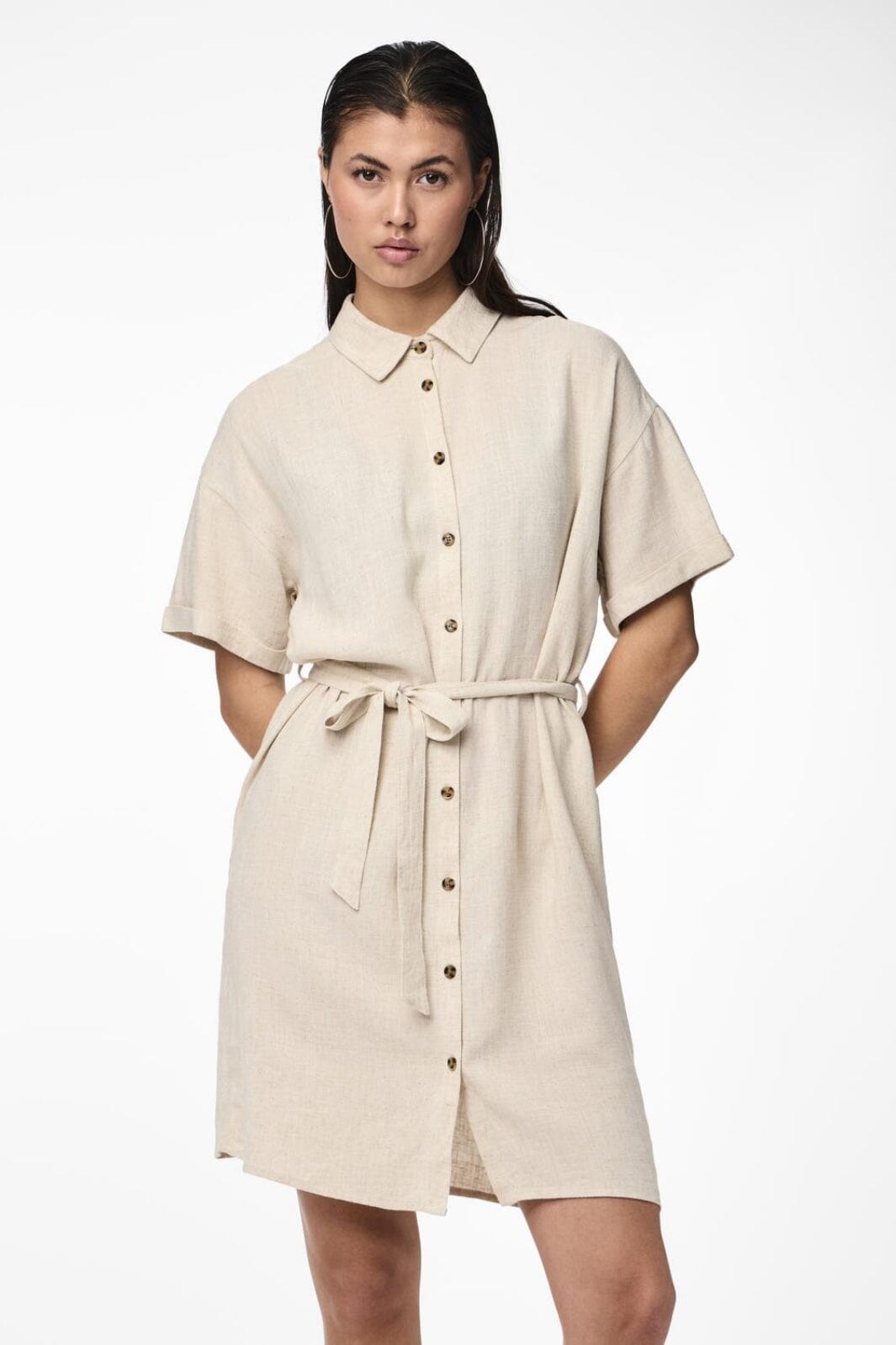 Pieces - Pcvinsty Ss Linen Shirt Dress - 4535249 Oatmeal Kjoler 