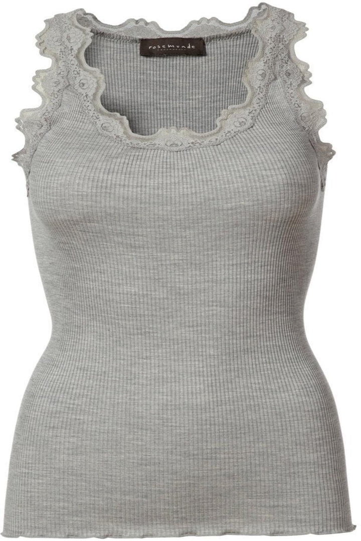 Rosemunde - Silk Top Regular w/ Vintage Lace - Light Grey Melange - Toppe