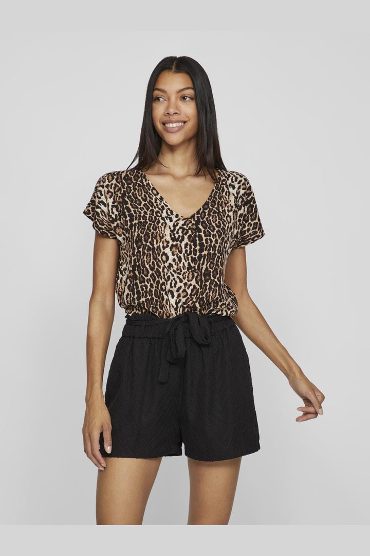 Vila - Ya S/S V-Neck Top - 4706824 Black Aop Leo