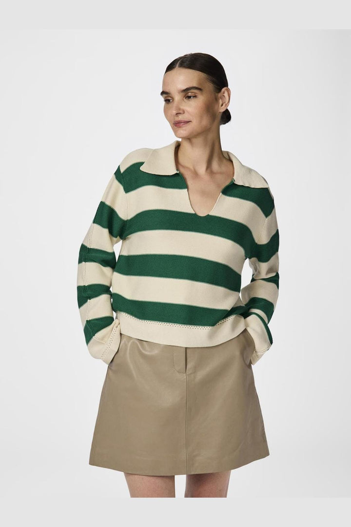 Y.A.S - Yastinka Ls Polo Knit Pullover - 4729196 Birch W. Green Stripe